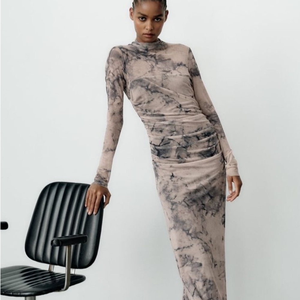 Zara Tulle Marble Tie-Dye Long Sleeve Dress
